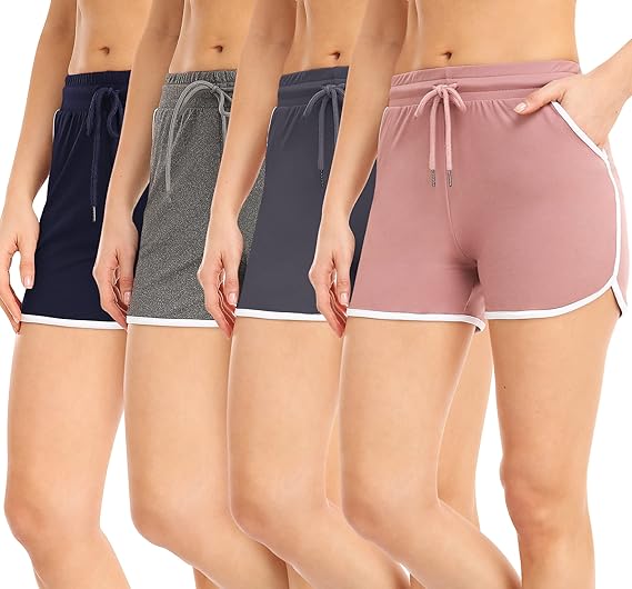 4 Packs Women's Sport Shorts with Pockets and Drawstring Running Workout Gym Shorts