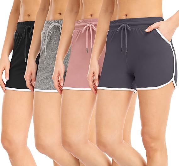 4 Packs Women's Sport Shorts with Pockets and Drawstring Running Workout Gym Shorts