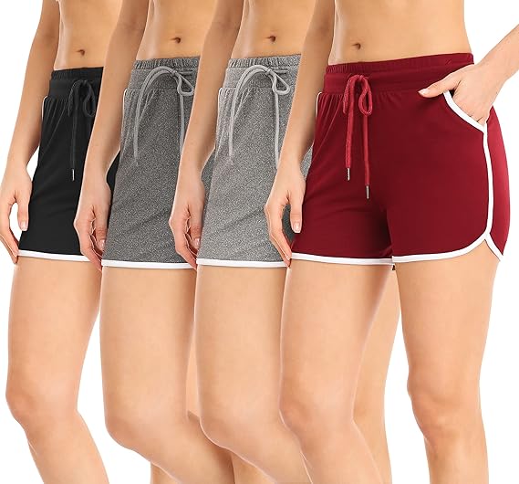 4 Packs Women's Sport Shorts with Pockets and Drawstring Running Workout Gym Shorts